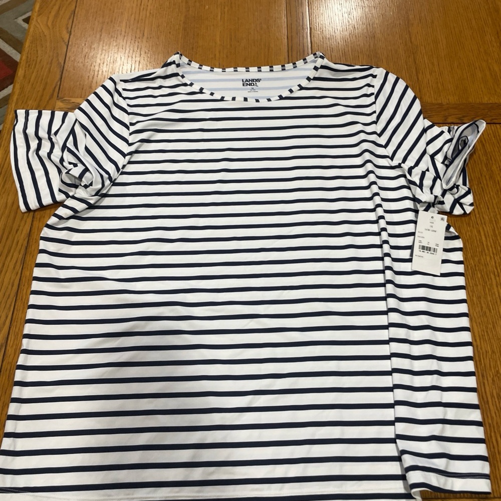 Lands' End White and Navy Striped Tee New